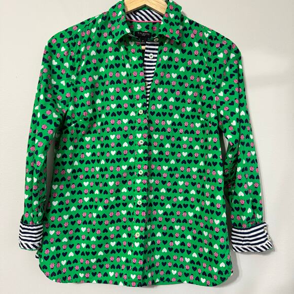 Talbots Top Size P Button Down Green Ladybug Hearts Contrast Cuff Novelty - Picture 3 of 15